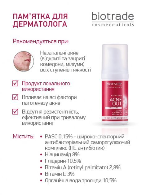Крем для обличчя Biotrade Acne Out активний для проблемної шкіри з вуграми та комедонами, 30 мл