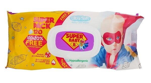 Серветки вологі Super Baby дитячі Ромашка та алое, Super Pack, 120 шт