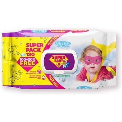 Серветки вологі Super Baby дитячі Ромашка та алое, Super Pack, 120 шт