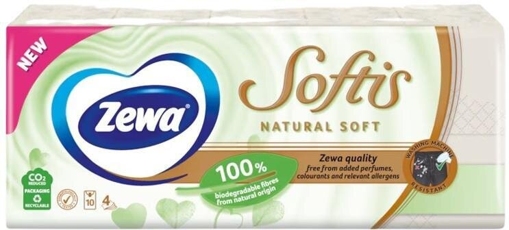 Хусточки паперові Zewa Softis Natural Soft 4 шари, 9 шт х 10 уп