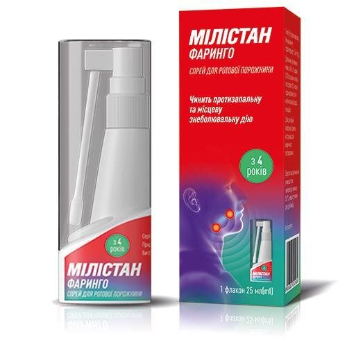 Мілістан Фаринго спрей д/рот. порож. 1.5 мг/мл по 25 мл у флак. з небулайз.