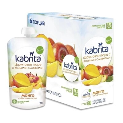 Пюре фруктове Kabrita с козячими вершками, манго з яблучним пюре, 100 г