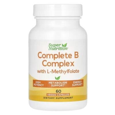 Комплекс вітамінів групи B з L-метилфолатом Super Nutrition Complete B Complex with L-Methylfolate, 60 рослинних капсул