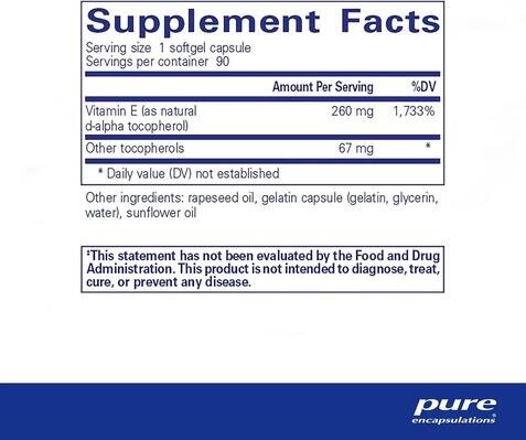 Вітамін Е Pure Encapsulations Vitamin E (with mixed tocopherols), 90 капсул