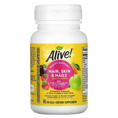 Комплекс для шкіри, волосся, нігтів Nature's Way Alive! Hair, Skin & Nail з полуничним смаком, 60 капсул