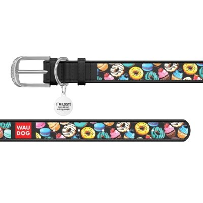 Нашийник для собак Collar WAUDOG Design з QR паспортом, малюнок Пончики, шкіряний, ширина 15 мм довжина 27-36 см, чорний