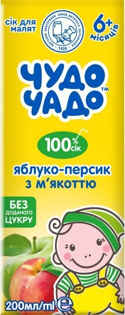 Сік Чудо-Чадо яблучно-персиковий з м'якоттю, без цукру, 200 мл