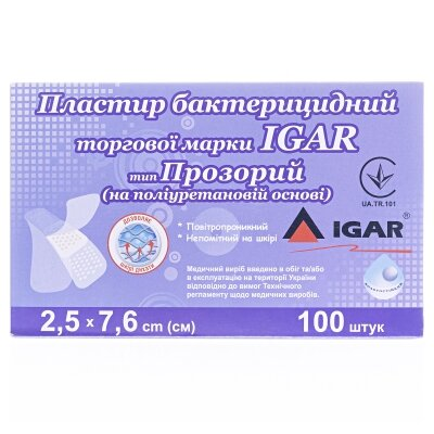 Пластир бактерицидний IGAR тип Прозорий на полімерній основі (поліуретан) 2,5 см х 7,6 см, 100 штук