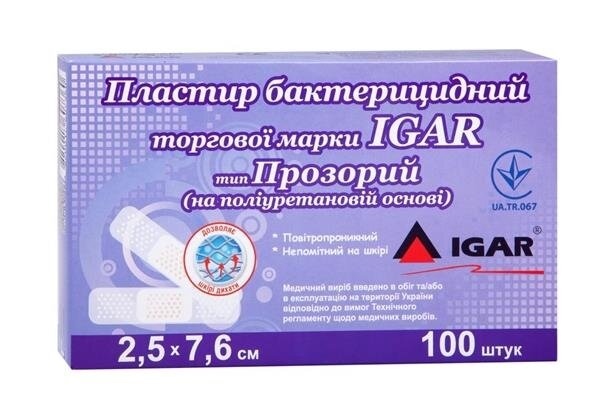 Пластир бактерицидний IGAR тип Прозорий на полімерній основі (поліуретан) 2,5 см х 7,6 см, 100 штук