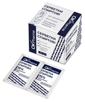 Серветки спиртові OK Pharma 10 см х 10 см, 30 штук