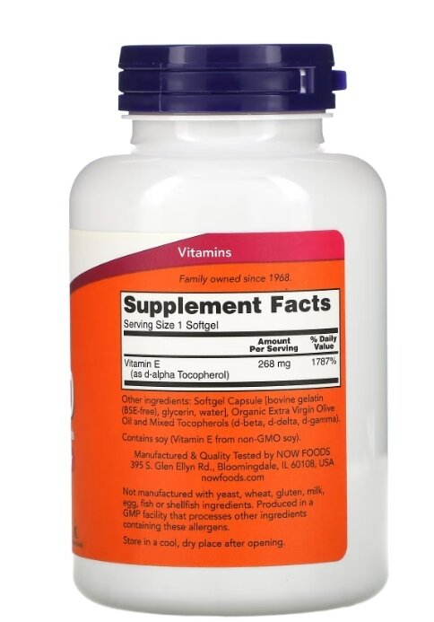 Вітамін E NOW Vitamin E-400 With Mixed Tocopherols м'які капсули №250