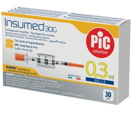 Шприц інсуліновий 0,3 мл Insumed 30G (0,30 х 8 мм), 30 штук