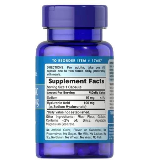 Гіалуронова кислота Puritan's Pride Hyaluronic Acid 100 мг, 30 капсул