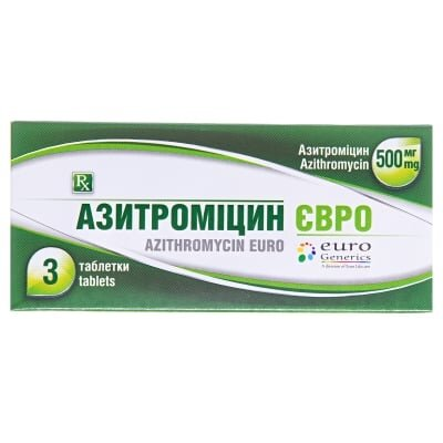 Азитроміцин євро таблетки, в/о по 500 мг №3 (3х1)