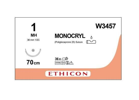 Шовний матеріал хірургічний Monocryl W3457 USP1/0 з антибактеріальним покриттям, що розсмоктується, довжина 70 см, голка колюча 36 мм, 1/2 кола