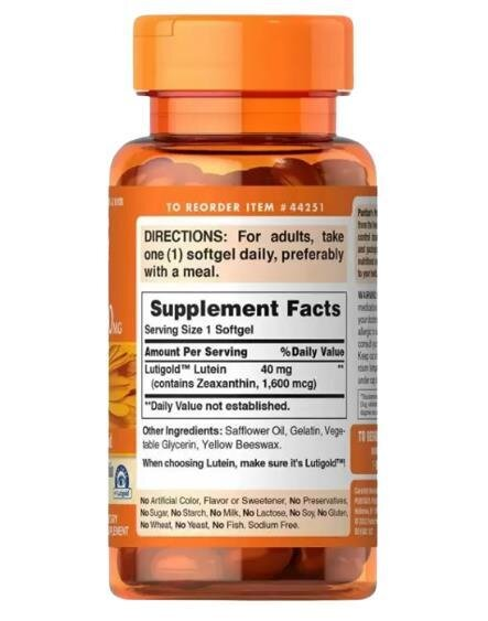 Лютеїн для зору з зеаксантином Puritan's Pride Lutein 40 мг з Zeaxanthin Lutigold, 60 гелевих капсул