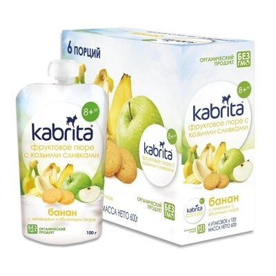 Пюре фруктове Kabrita з козячими вершками, банан з печивом з яблучним пюре, 100 г