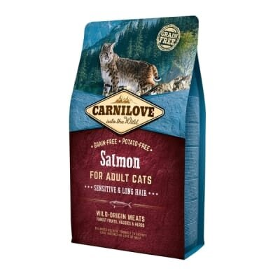 Корм сухий для дорослих кішок із чутливим травленням Carnilove Salmon Sensitive & Long Hair з лоосем, 2 кг