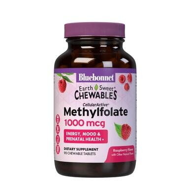 Метилфолат (B9) 1000 мкг Bluebonnet Nutrition Earth Sweet Chewables, смак малини, жувальні таблетки №90
