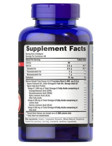 Омега 3-6-9 Puritan's Pride Omega 3-6-9 Triple Maximum Strength 1200 мг, 120 гелевих капсул
