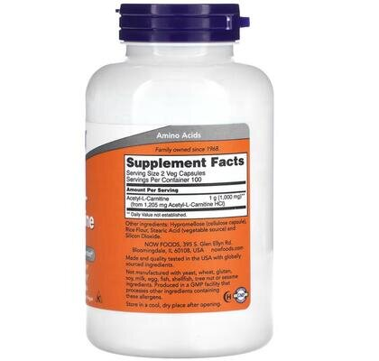 Ацетил-L Карнітін NOW Acetyl-L-Carnitine 500 мг вег. капсули №200