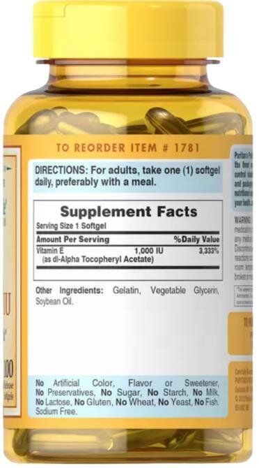 Вітамін Е Puritan's Pride Vitamin E 1000 IU 450 мг, 100 капсул