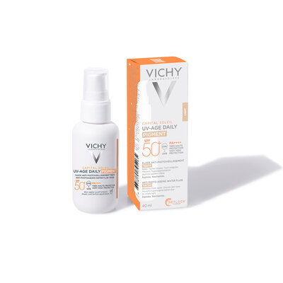 Флюїд сонцезахисний Vichy Capital Soleil UV-Age Daily SPF 50+ проти ознак фотостаріння шкіри обличчя з універсальним тонуючим пігментом, 40 мл