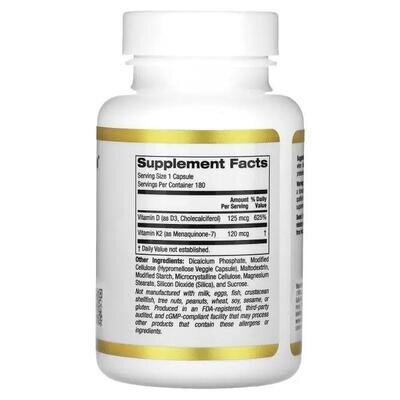 Вітамін D3 + K2 California Gold Nutrition Vitamin D3 + K2 веганські капсули №180