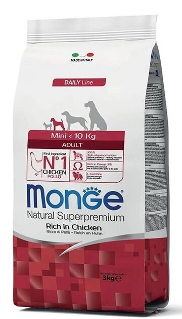 Корм сухий Monge Dog Mini Adult для дорослих собак маленьких порід курка з рисом, 3 кг