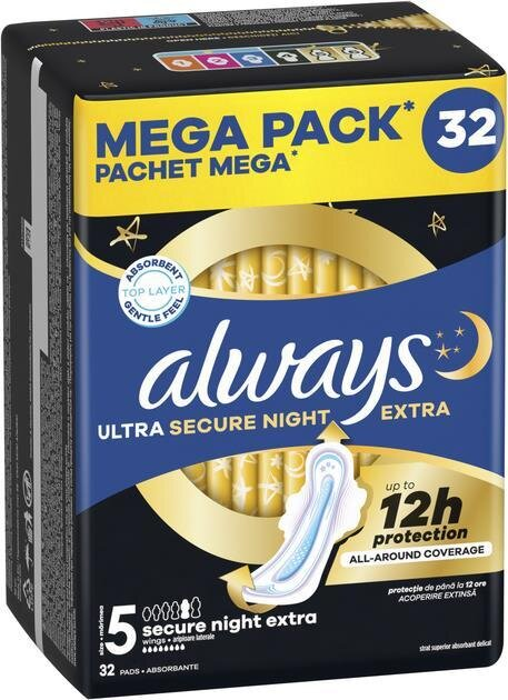 Прокладки гігієнічні Always Ultra Secure Night Extra, 7 крапель, 5 розмір, 32 шт