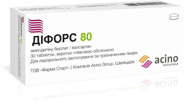 Діфорс 80 таблетки, в/плів. обол. по 5 мг/80 мг №30 (10х3)