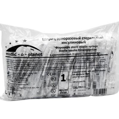 Шприц інсуліновий 1 мл U-100 Medic-o-Planet 3-компонентний 30G (0,3 х 8 мм), 1 штука