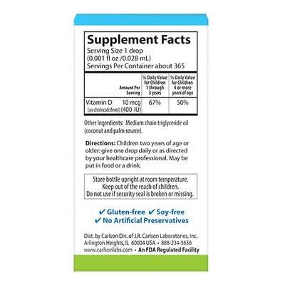 Вітамін D3 для дітей Carlson Labs Kid's Super Daily Vitamin D3 400 МО, 10.3 мл
