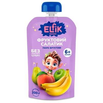 Пюре фруктове Elfik Magic для дітей з 6 місяців Фруктовий салатик, 200 г