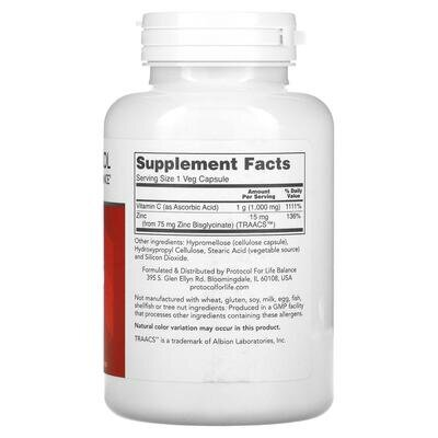 Вітамін C та цинк Protocol for Life Balance C-1000 + Zinc-15, 120 веганських капсул