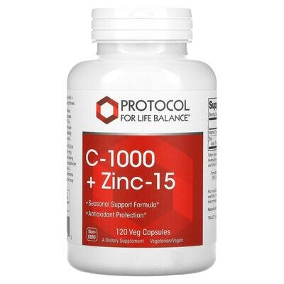 Вітамін C та цинк Protocol for Life Balance C-1000 + Zinc-15, 120 веганських капсул