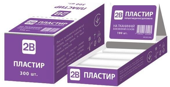 Пластир медичний 2В бактерицидний на бавовняній основі розміром 19 мм х 72 мм, 300 штук