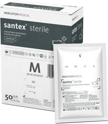 Рукавички оглядові Santex латексні з пудрою стерильні, розмір M, пара