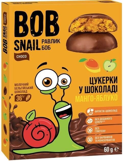 Цукерки Bob Snail Choсo манго-яблуко у бельгійському молочному шоколаді, 60 г