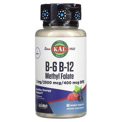 Вітаміни В6, В12 та метилфолат KAL B6 B12 Methyl Folate ягідне асорті, 60 мікротаблеток