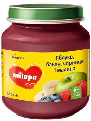 Пюре фруктове Milupa Яблуко, банан, чорниця та малина для дітей з 6 місяців, 125 г