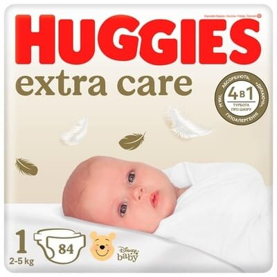 Підгузки Huggies Extra Care дитячі, розмір 1, 2-5 кг, 84 шт