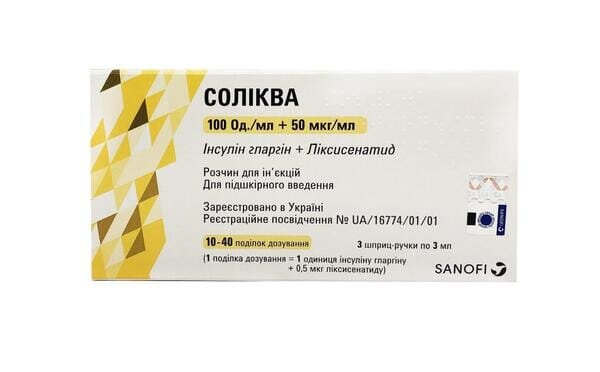 Соліква розчин д/ін. 100 ОД/50 мкг/мл по 3 мл №3 у картр., вмонт. в шпр.-руч.