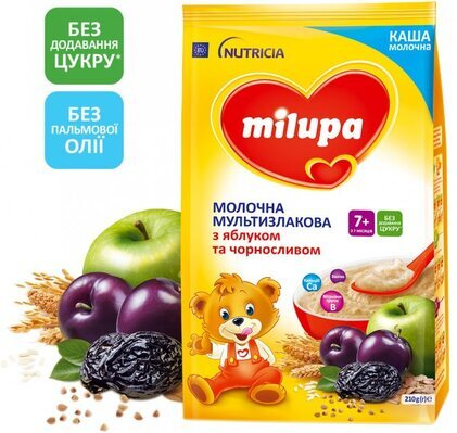 Каша молочна Milupa мультизлакова з яблуком та чорносливом для дітей з 7 місяців, 210 г