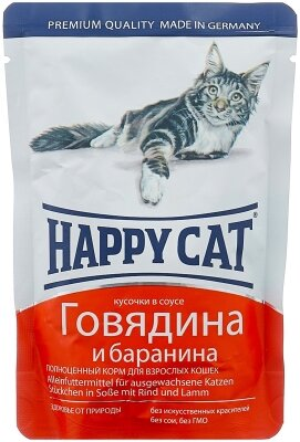 Корм вологий Happy Cat для кішок з яловичиною та бараниною шматочки в соусі, 100 г