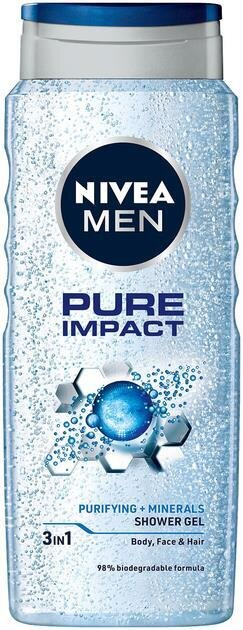 Гель для душу чоловічий Nivea Men 3-в-1 Pure Impact для тіла, обличчя та волосся, 500 мл