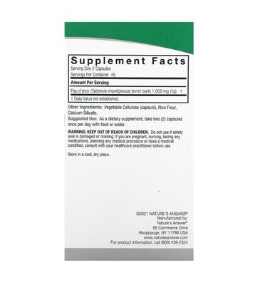 Кора мурашиного дерева Nature's Answer Pau D'Arco 1000 мг, 90 вегетаріанських капсул