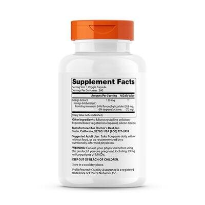 Гінкго білоба Doctor's Best Ginkgo Extra Stength 120 мг, 360 капсул