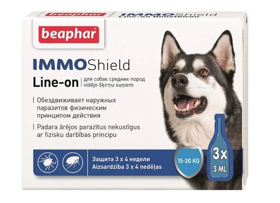Краплі на холку Beaphar IMMO Shield Line-on протипаразитарні з силіконовою олією для собак середніх порід від 15 до 30 кг, 1 піпетка