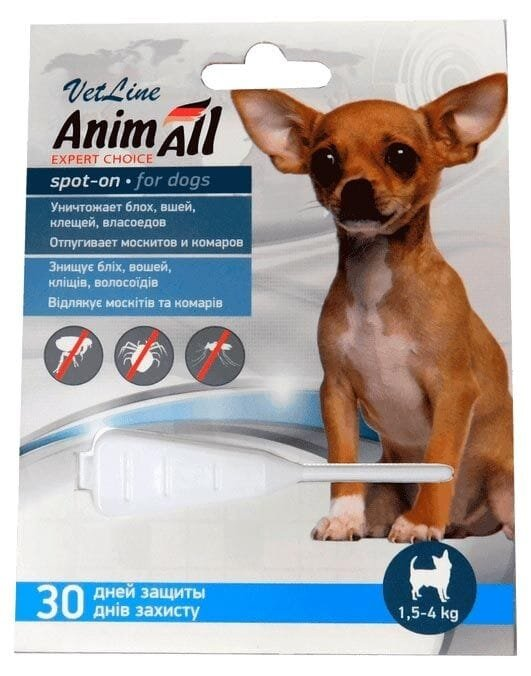 Краплі на холку AnimAll VetLine Spot-On від паразитів для собак вагою від 1,5 до 4 кг, 0,8 мл